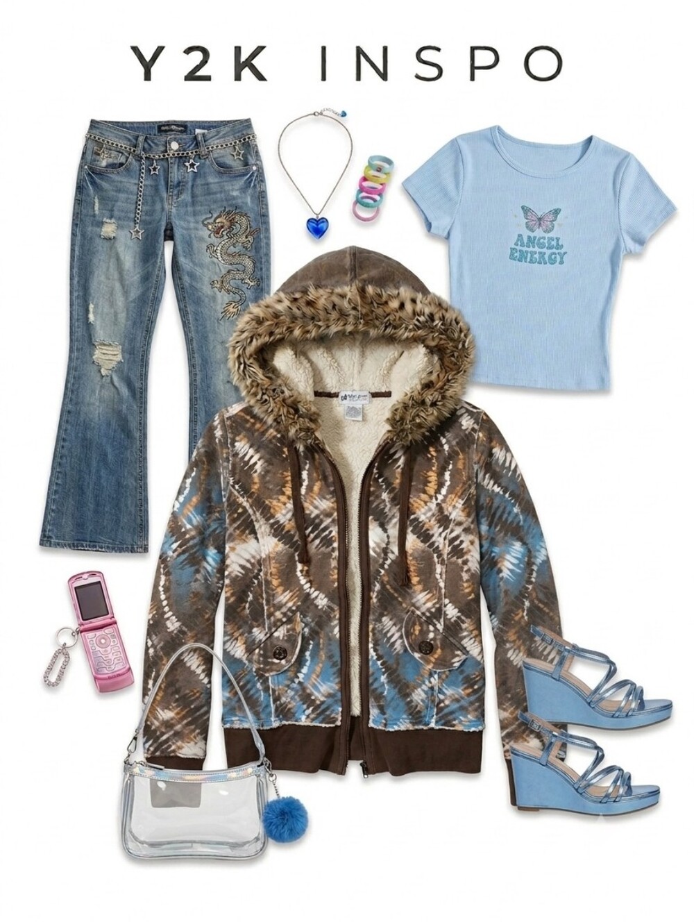 VTG Y2K Self Esteem Aztec Tie Dye Zip Up Hoodie Faux Fur Trim Sherpa Lined Jacke